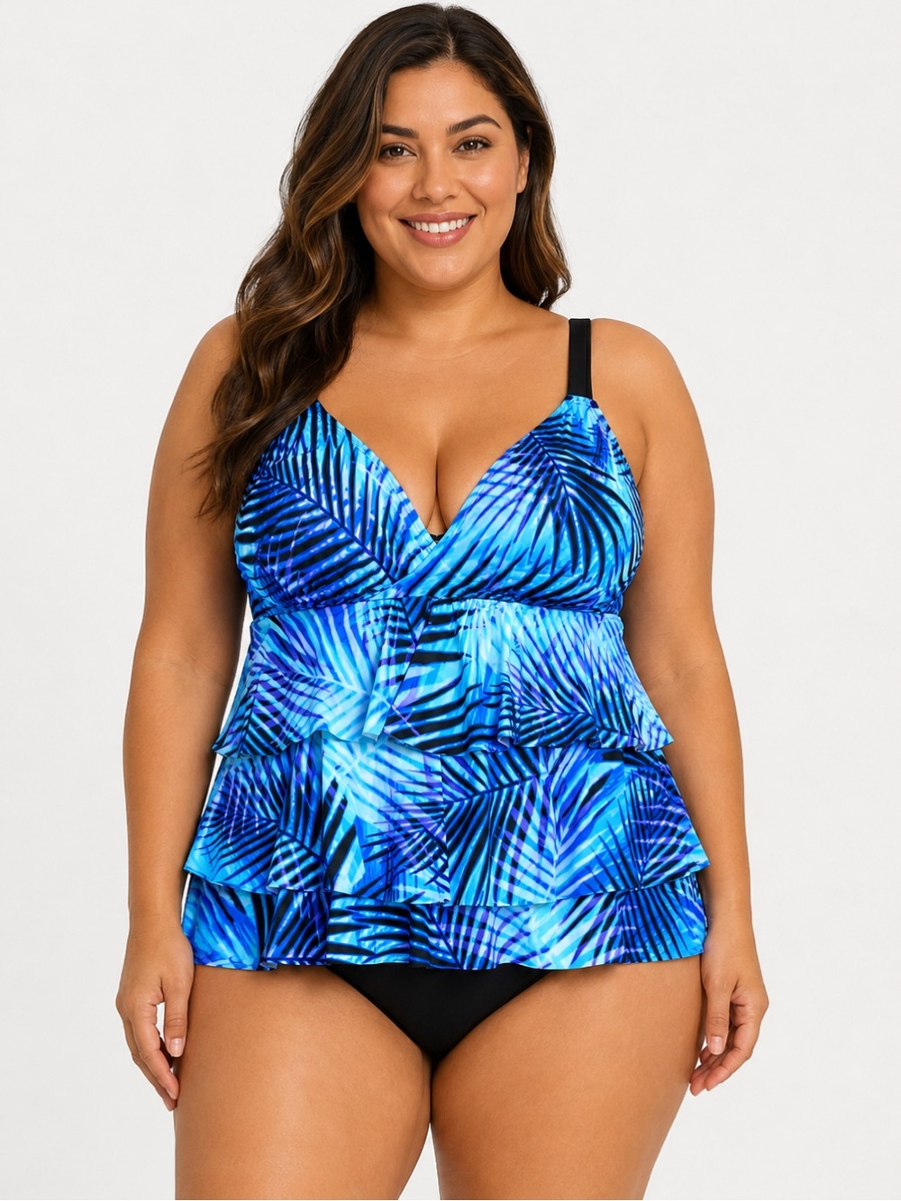 Swim Solutions women’s Triple Tier One Piece Swimsuit Blue Palm Print Size 18